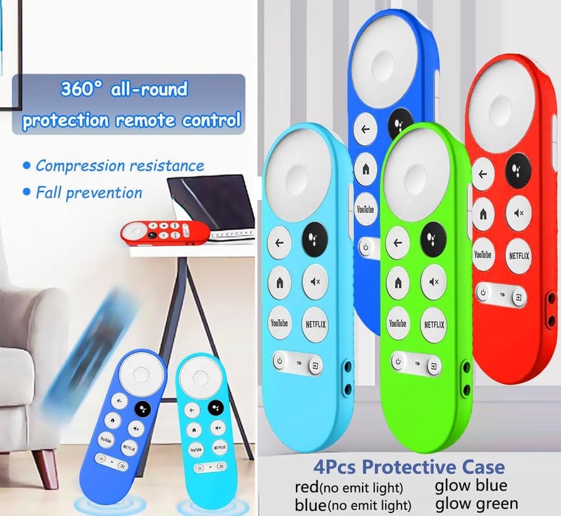 Griscen 4Pcs Remote Case Cover for Chromecast with Google TV 2020/ HD 2022 Remote, Glow Blue+Glow Green+Red(NO emit Light)+Dark Blue(NO emit Light),with 4 Lanyard, Anti Slip Silicone Protective Case - Image 2